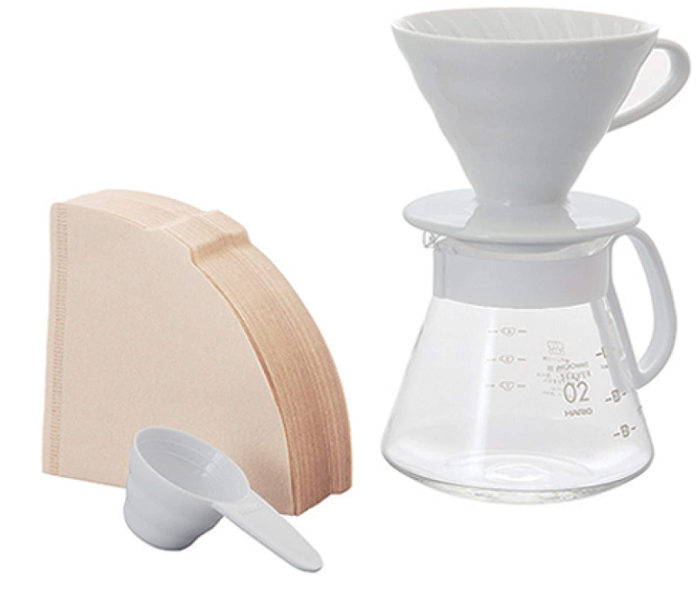 V60 Pour Over Set with Ceramic Dripper, Glass Server, Scoop and Filters, Size 02, White